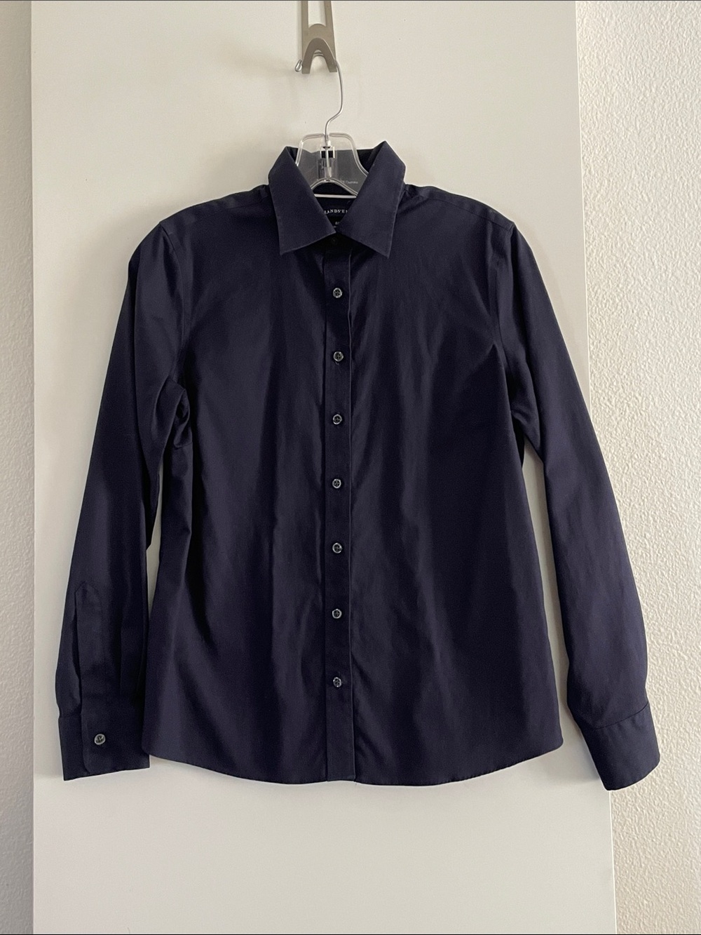Lands End NO IRON Pure Cotton Button Down Shirt Top Navy Blue